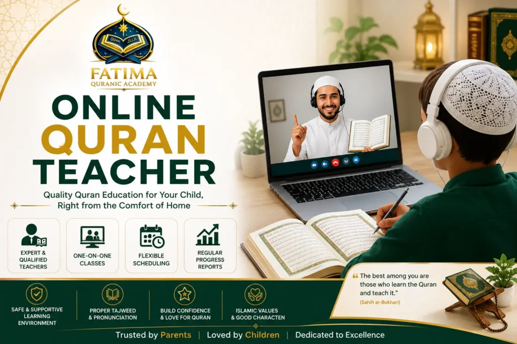 Online Quran Teacher teaching a child Quran with Tajweed through an interactive online learning session