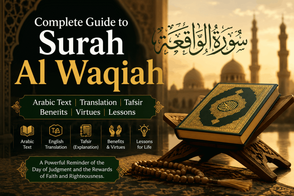 Surah Al Waqiah complete guide with Arabic text, English translation, meaning and tafsir